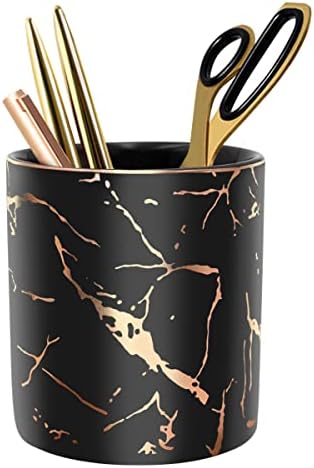 Pencil Cup, Pen Holder for Desk, Pen Pencil Stand Holder for Desk, WAVEYU Office Desk Organizer for Girls Women Kids Ceramic Glitter Marble Makeup Brush Holder, Black (Upgrade Style)