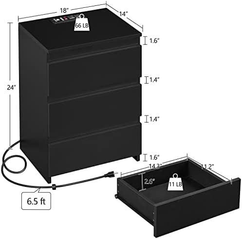 Yaheetech Bedroom Nightstand with Charging Station, 3-Drawer Dresser, Black