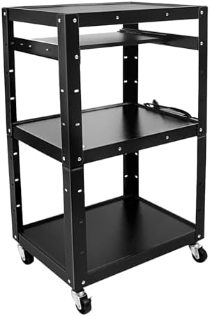 AV Cart on Wheels, Rolling Standing Desk Stand up Desk Rolling Presentation and Media Cart Height Adjustable Top Shelf Pullout Keyboard Tray Cable Hole Design 66lbs Load Capacity Each Layer