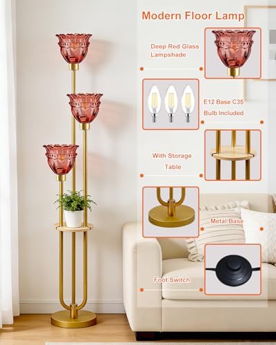 3-Light Red Tulip Glass Floor Lamp with Side Table, Mid Century Modern Gold Tall Standing Lamp, 3000K Warm White Bulbs Included, Vintage Floor Lamp for Living Room Bedroom Sofa Corner Decor