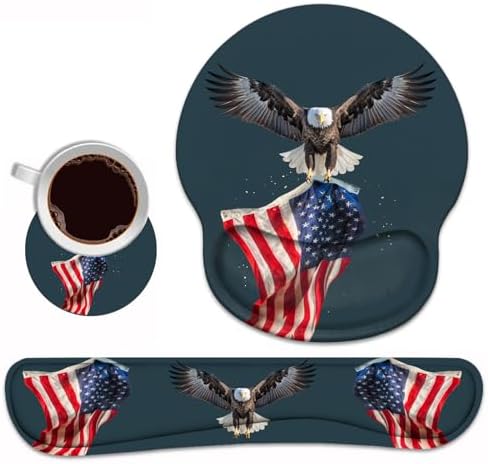 Keyboard Wrist Rest and Mouse Pad Wrist Rest Support Set with Coasters, Non-Slip PU Base for Gaming and Office, Comfortable & Lightweight for Easy Typing & Pain Relief, American Flag Patriotic Eagle
