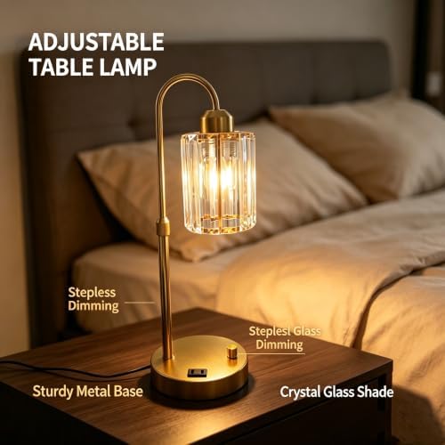 Gold Crystal Table Lamp, Adjustable Height Dimmable Desk Lamp with USB Charging Port and AC Outlet, Polished Metal Base for Bedroom Living Room