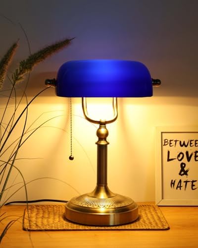 Blue Glass Bankers Desk Lamp,Plug in