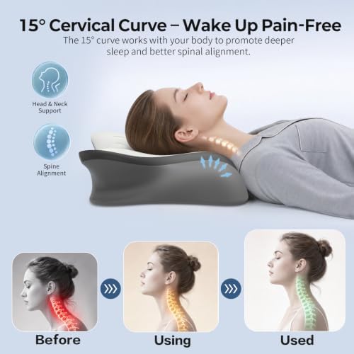 Pain Relief Cervical Neck Pillow, Ergonomic Contour | Q-Max Cooling | Non-Temperature Memory Foam | Side/Back/Stomach Sleeper Support for Sleeping, Reading, Scrolling (Light Grey & Dark Grey)