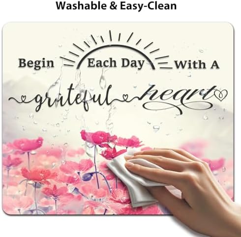 9.5x7.9 Inch Office/Gaming Mouse Pad, Begin Each Day with A Grateful Heart Inspirational Quote Pink Lotus Flowers Painting Design, Motivational Floral Art Cute Anti-Slip Mat for Desk