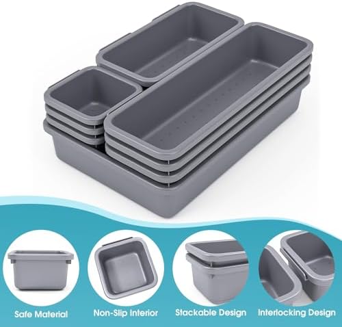 StoreHappily 10 PCS Drawer Organizer Set, 4 Size Makeup Drawer Divider Organizer With Non-Slip Pads, Interlocking Plastic Storage Bins for Office,Jewelry Vanity,Gadgets, Bathroom,Kitchen, Grey