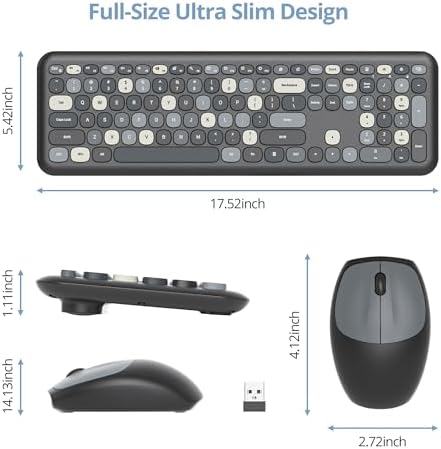 Surmen Colorful Black Quiet Keyboard and Mouse Wireless, Full-Size Girly Slient Keyboard Retro Typewriter Low-Noise 2.4GHz for Computer, Desktop, Laptop (X110-Blend Gray)