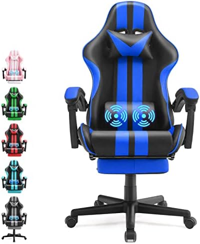 Racing Style PC Computer Chair,Computer Gaming Chair, E-Sports Chair,Ergonomic Office Chair with Height Adjustment,Retractable Footrest,Headrest and Massage Lumbar Support(Navy Blue)