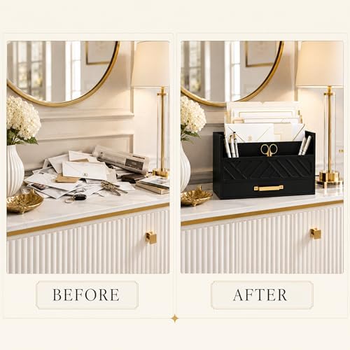 BLU MONACO | Wooden Mail Organizer with Drawer and Gold Handle | Mail Sorter Organizer Countertop for Desk | Outgoing Mail Holder and Letter Sorter for Desk Storage