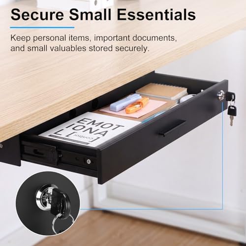 Menkxi 24'' x 9'' Under Desk Drawer Slide Out Storage Organizer, Lockable Metal Desk Drawer for Laptop and Office Accessories, Large Hidden Under Table Storage Box with Cable Management, Black