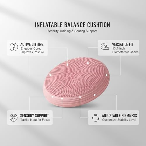 Inflatable Balance Disc Cushion, 13.4 Inch PVC Wobble Seat for Stability Training, Core Exercise & Office Chair Support, Portable Fitness Pad (Pink, Gray, Purple, Blue)