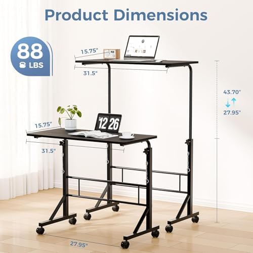Simple Deluxe 31.5" Adjustable Height Mobile Desk with Locking Wheels & Pin-Lock – Height-Adjustable Standing Desk– Heavy-Duty Portable Workstation for Small Spaces & Home Office – Black