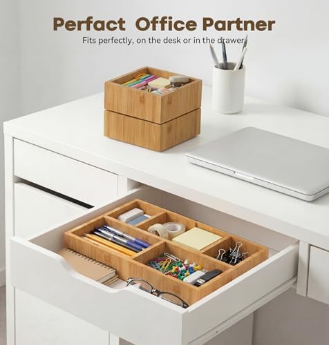 KOCWELL Bamboo Desk Drawer Organizer with Removable Dividers,Multi-Use Office Drawer Organizer Tray,Junk Drawer Organizers for Office,School,Kitchen,Makeup Supply（Original）