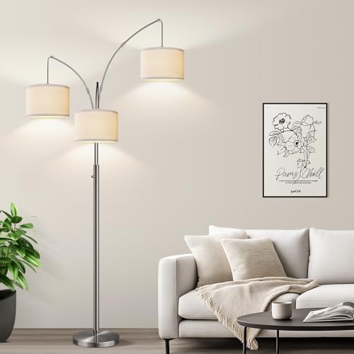 Dimmable Floor Lamp, 3 Lights Sliver Arc Floor Lamp, Modern Tall Standing Tree Lamp with White Linen Shades & Heavy Base, 3000LM LED Bulbs, Bright Lighting for Living Room, Bedroom, Office & Reading