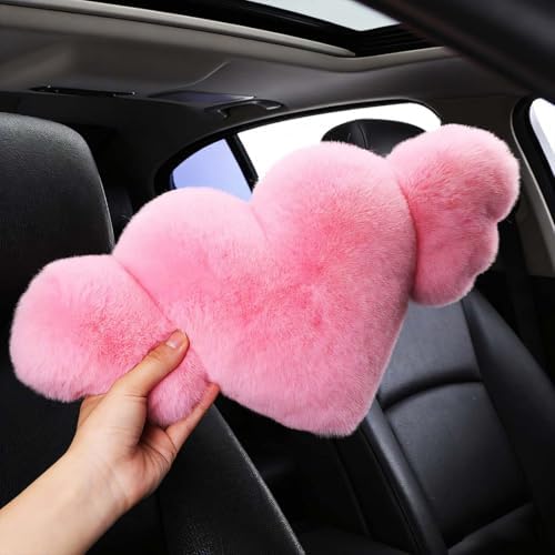 2 Pack Heart Shaped Plush Car Neck Pillows, Soft Pink Headrest Cushion for Driving Travel Office Chair, Cute Car Interior Decor Accessories for Women Girls（Pink）