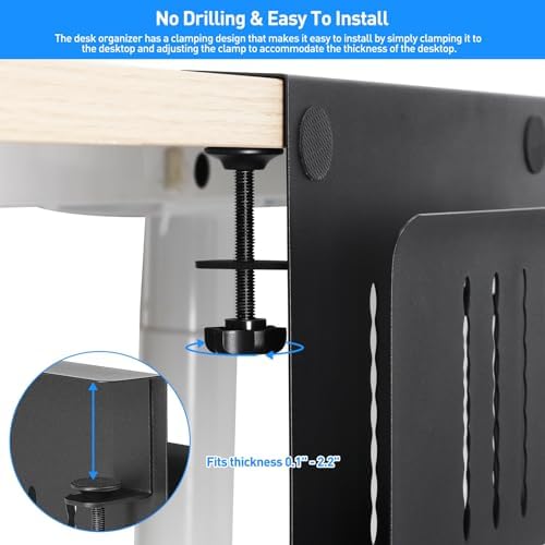 MAXECHO Desk Side Storage, Under Desk Laptop Mount, Table Side Hanging File Organizer, No Drill Clamp On Cable Management Tray, Laptop Holder with Magnetic Pen Holder for Office and Home, Load 22 Lbs