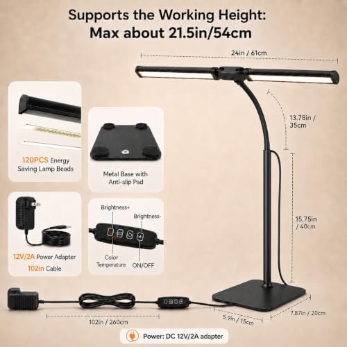24-Inch Double Head LED Desk Lamp with Base, 15W Architect Desk Light