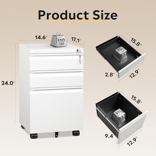 DEVAISE 3 Drawer Mobile File Cabinet, Fully Assembled Except Casters