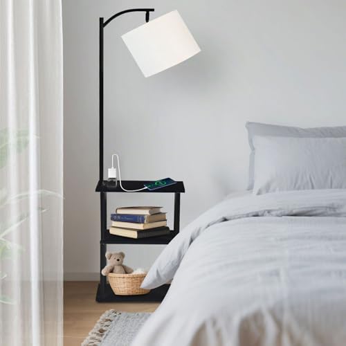 Qupui Floor Lamp with Side Table, USB Charging, 3-Color LED, Black