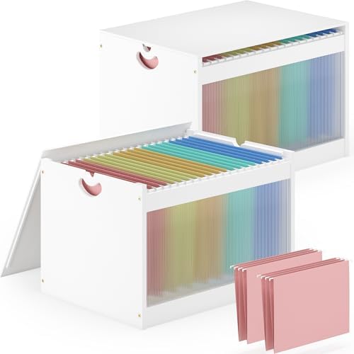 Bamboo Hanging File Box Organizer with Lids, File Folder, White, 2 Pack