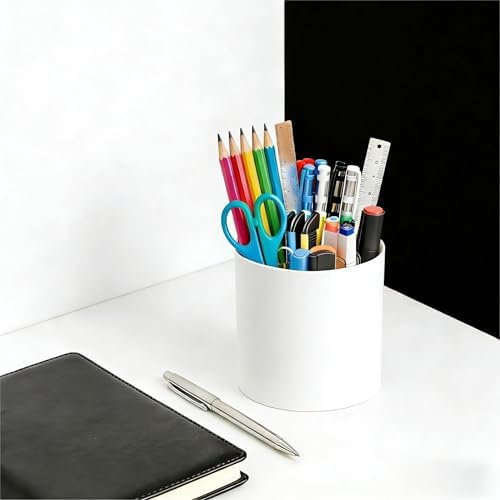 Yieach 360 Rotating Acrylic White Pen Holders and Pencil Cups for Desk,Small Cute Desk Organizers Accessories and Makeup Brush Holder,Spinning Pencil Caddy School Supplies Organizer for Teacher,1PCS