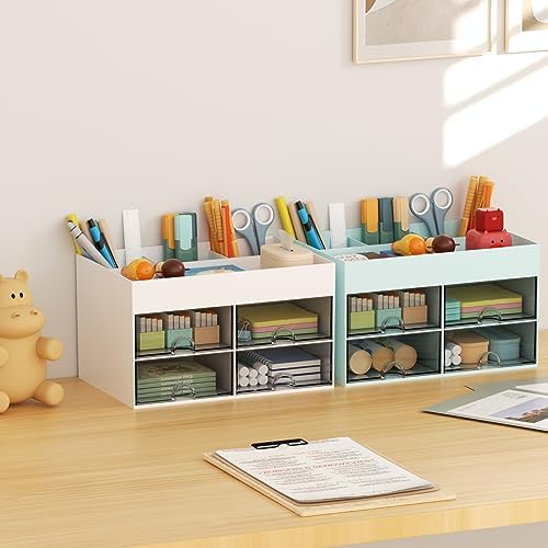 Marbrasse Pen Organizer with 4 Drawer, Multi-Functional Pencil Holder for Desk, Desk Organizers and Accessories with 4 Compartments + Drawer for Office Art Supplies (White)