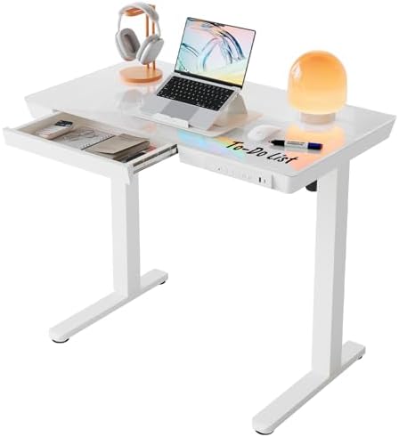 HUANUO Glass Standing Desk with Drawers, 35 X 20 Inch Electric Adjustable Height Desk, Quick Install One-Piece Tabletop with USB Charging Ports, White