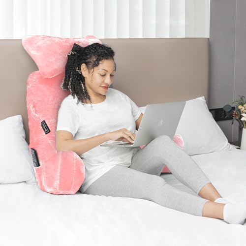 Reading Pillow-Extra Large 31" Bed Rest Pillow with Detachable Neck Roll & Arms for Sitting in Bed or Couch-Backrest Reading Pillow Adult Back Pillows for Reading/Watching TV/Gaming/Relaxing-Pink