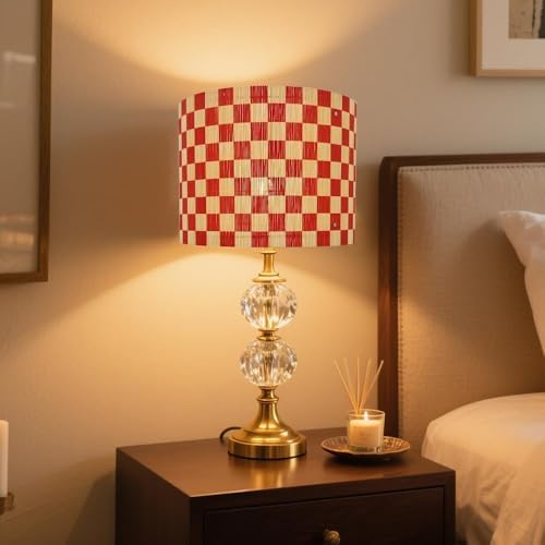 Modern Lamp Shade with Colorful and Natural Checkered Pattern Bamboo Made, Translucent Drum Shape, 11.8 Inch for Table and Floor Lamps, Ideal for livingroom bedroom (Red)