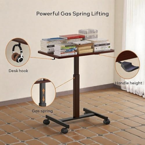 Mobile Small Standing Desk,Gas Spring Adjustable Height Rolling Portable Laptop Desk with Lockable Wheels, Computer Workstation for Home Office, Dark Walnut