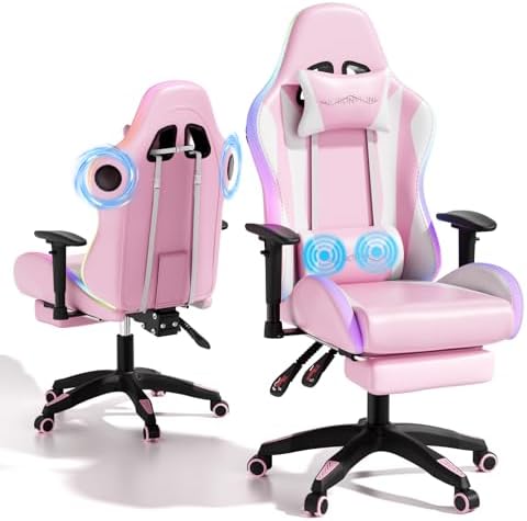 Mr IRONSTONE Gaming Chair with Footrest, Ergonomic Gaming Chair with Massage Lumbar Support and Headrest, Reclining Computer Desk Chair for Adults, Adjustable Swivel Gaming Office Chair, Pink