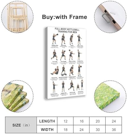 Kettlebell Workout Chart Full Body Kettlebell Exercises for Men Workout Upper Lower Body Strength Training Canvas Poster Bedroom Decor Room Decor Frame 16x24inch