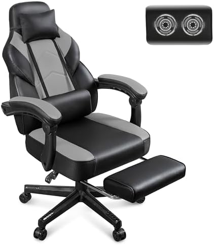 Gaming Chair for Adults, Grey Video Game Chair with Footrest, Big and Tall Gaming Chair Heavy Duty Computer Chair with Massage Lumbar, Ergonomic Adjustable Height and 360° Swivel, PU Leather, Grey