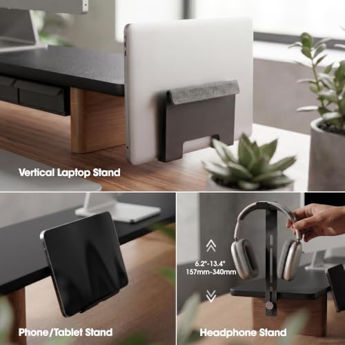 Fenge Modular Dual Monitor Stand Riser with Solid Ash Wood Leg, 42.5" Black