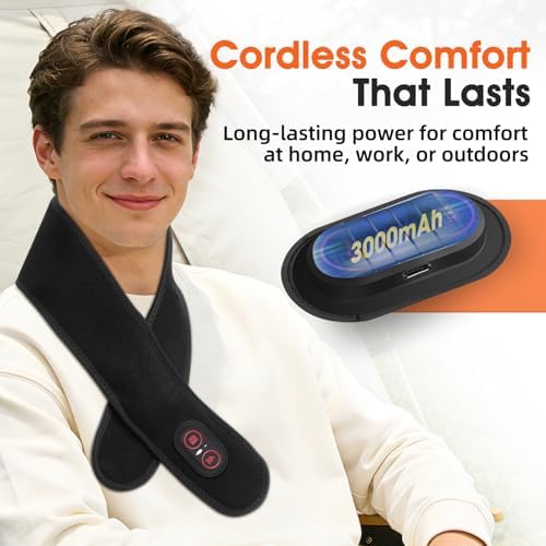 Neck Heating Pad, Cordless Neck Heating Pad for Pain Relief, Electric Heated Neck Wrap with 660nm & 850nm Red Light, 3000mAh Battery, 3 Levels Heat & Massage