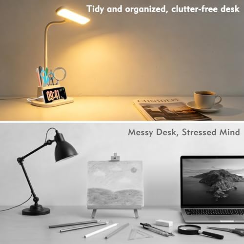 LED Desk Lamp for Dorm Small Desk Lamp with Pen Holder 5 Color Modes White