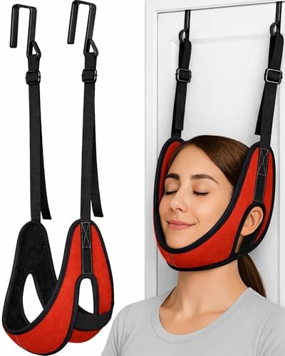 Upgraded Over-The-Door Cervical Neck Traction Device – Portable Adjustable Neck Stretcher for Neck Pain Relief, Spine Alignment & Posture Correction, Home Physical Therapy Kit, 330 lbs Support (Red)