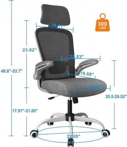 Mimoglad Office Chair, High Back Ergonomic Desk Chair with Adjustable Lumbar Support and Headrest, with flip-up Armrests for Guitar Playing, 5 Years Warranty (Modern, Grey/Gray)