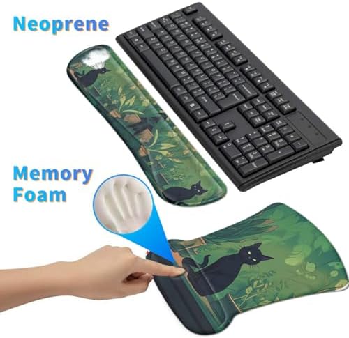 3Pcs Ergonomic Memory Foam Keyboard Wrist Rest Pad Set, Black Cat Leaf