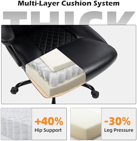 Office Chair - Ergonomic High Back Computer Desk Chair with Rocking Function & Lumbar Support - Executive Comfortable Wide Swivel Rolling Office Leather Chair with Flip-up Armrests for Home Gaming