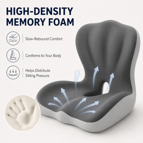Ergonomic Memory Foam Seat Cushion, L Shaped Lumbar Support Pillow with Tailbone Relief, Orthopedic Chair Pad for Office, Car, Gaming Chair, Travel (Comfort Black & Gray)