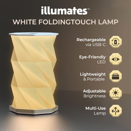 Origami Expanding Foldable LED Desk Lamp – USB Rechargeable & Portable - Dimmable Touch Control Light with Adjustable Height up to 8.25" for Office, Travel, Bedside - Sleek & Modern Design (White)
