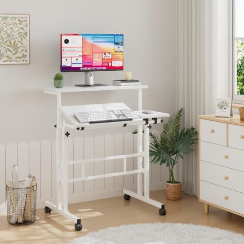 VECELO Mobile Small Standing Desk Adjustable Height, Computer Workstations with Tiltable Tabletop, Lockable Wheels, Portable Rolling Laptop Desk for Home Office, White