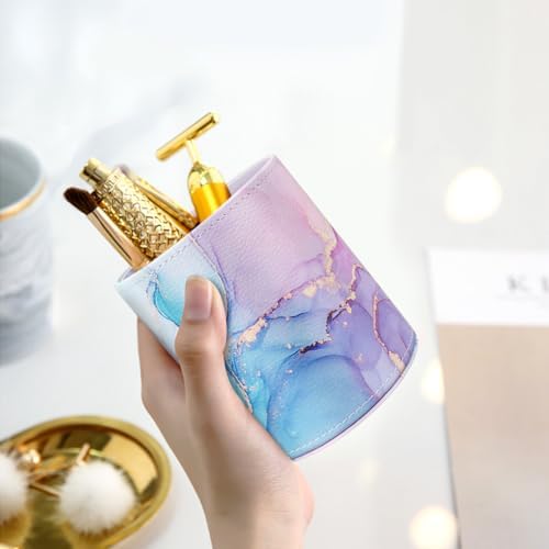 Large Capacity Colored Pen Holder for Desk, Leather Pencil Holder Pen Cup Marker Holder Makeup Brush Holders, Desk Accessories & Workspace Organizers for Home, Office, Pink Blue Marble