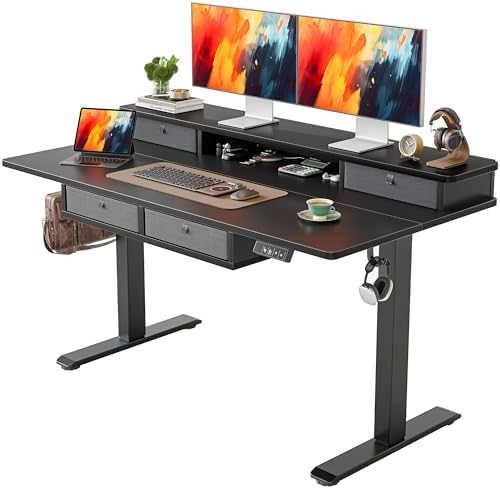 TIQLAB 55 * 28 Inch Standing Desk with Four Drawers, Electric Sit Stand Table, Stand Up Desk Adjustable Height with Storage Shelf, Splice Board, Black