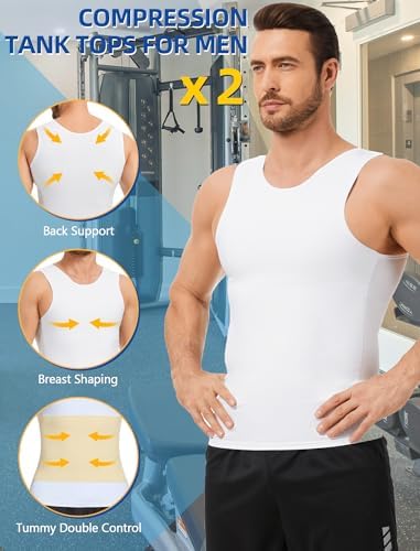 2 Pack Compression Shirt Tummy Control Undershirts Vest Workout Shapewear Sleeveless Posture Corrector for Men