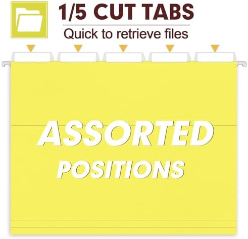 HERKKA Hanging File Folders, 30 Pack Reinforced Letter Size Hanging Folders, Designed for Bulky Files, Filing Cabinet, 1/5-Cut Adjustable Tabs (Yellow)