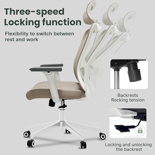 Monhey Office Chair, Ergonomic Office Chair, Home Office Desk Chair for Big and Tall People, Computer Chair with Adjustable Headrest, Lumbar Support, Flip-Up Arms, PU Wheels (03khaki)