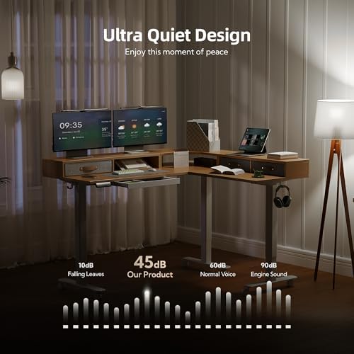 Claiks Dual Motor L Shaped Standing Desk with Drawers, 63inch, Nature