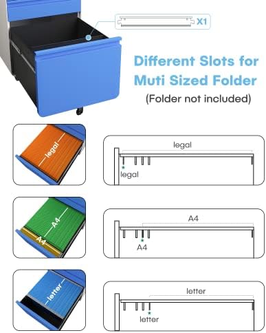 Dripex 3 Drawer Metal Rolling File Cabinet Under Desk Filing Cabinet Blue